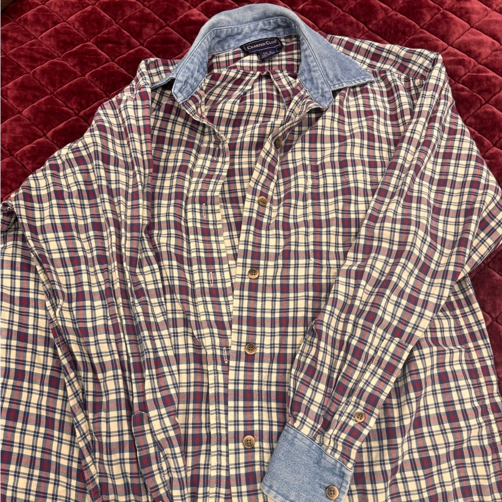 VINTAGE denim cuffed plaid button up